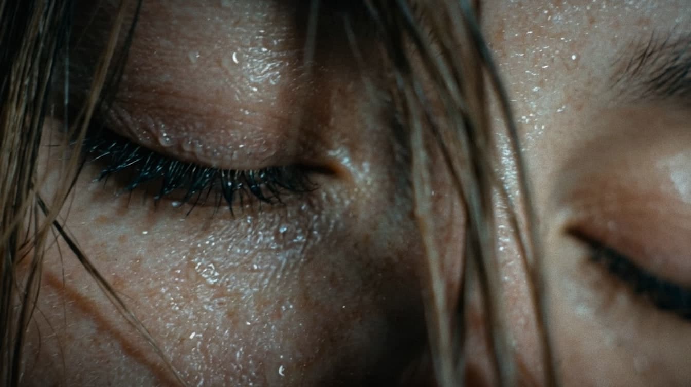 Close-up of closed eyes with sweat