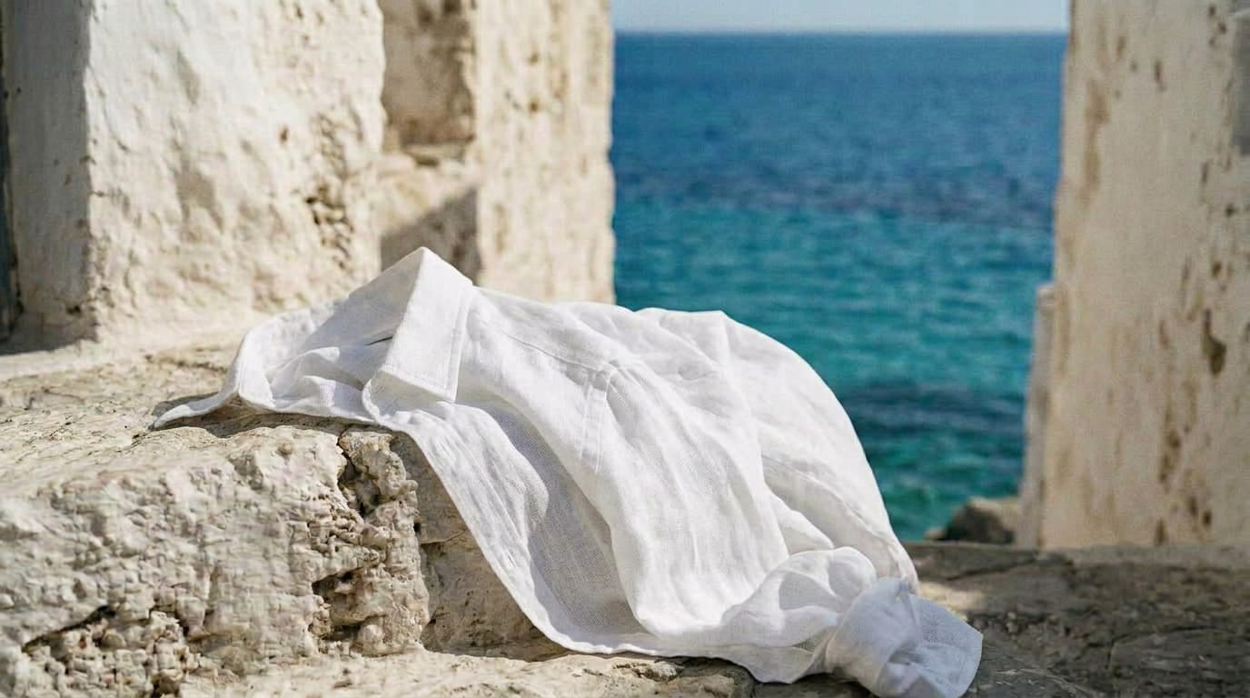 White linen shirt on stone wall overlooking sea