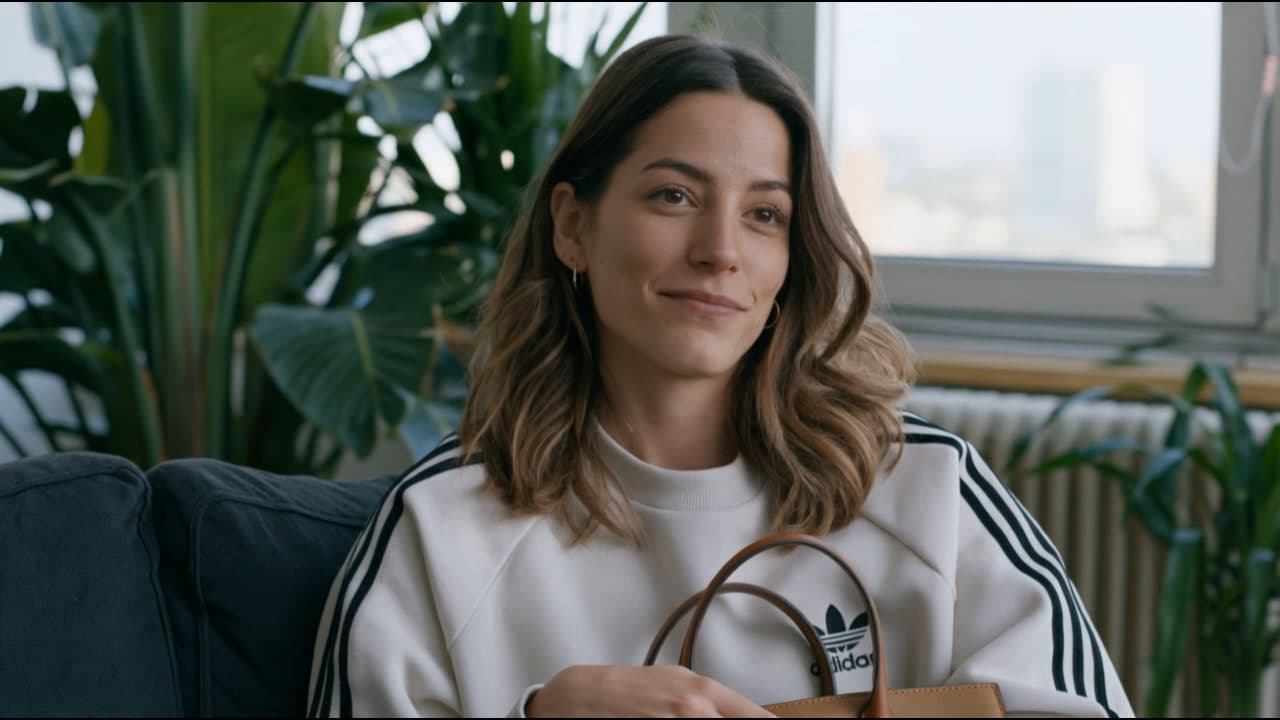 Woman in Adidas sweatshirt on couch