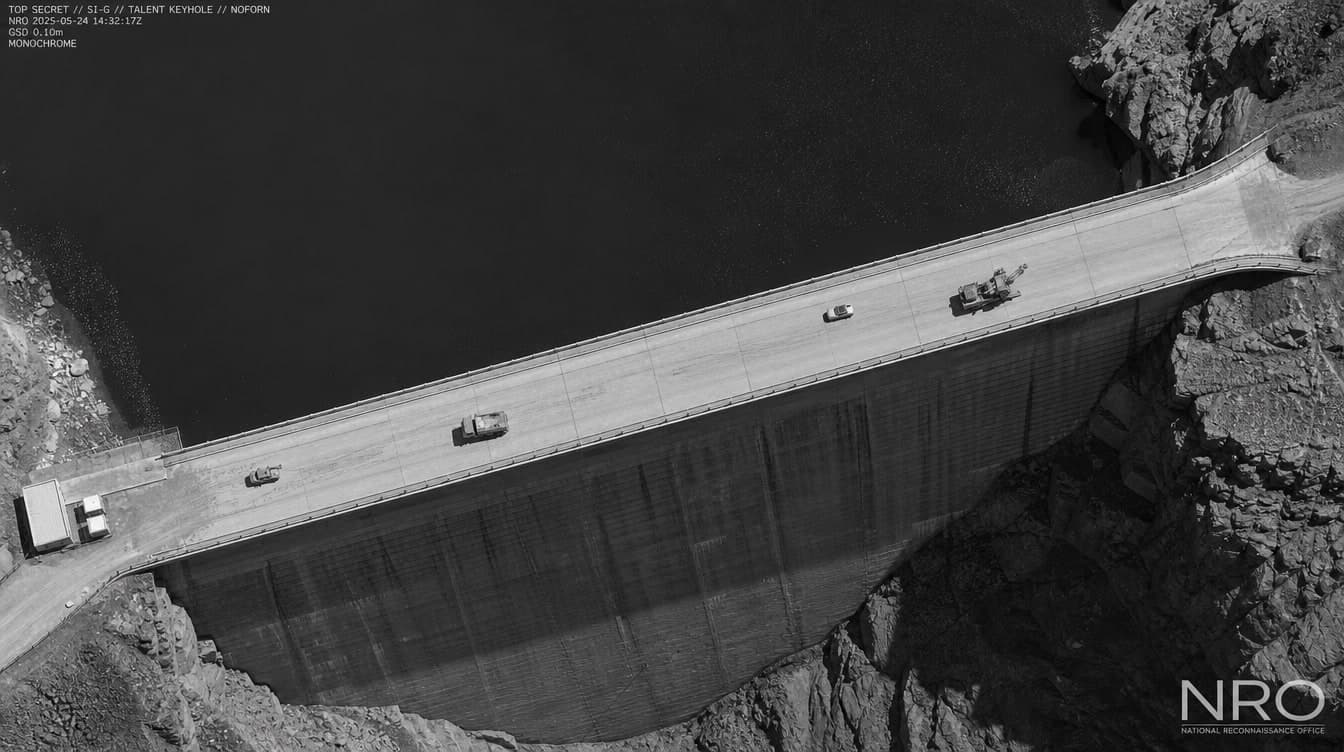 Vehicles driving across dam bridge