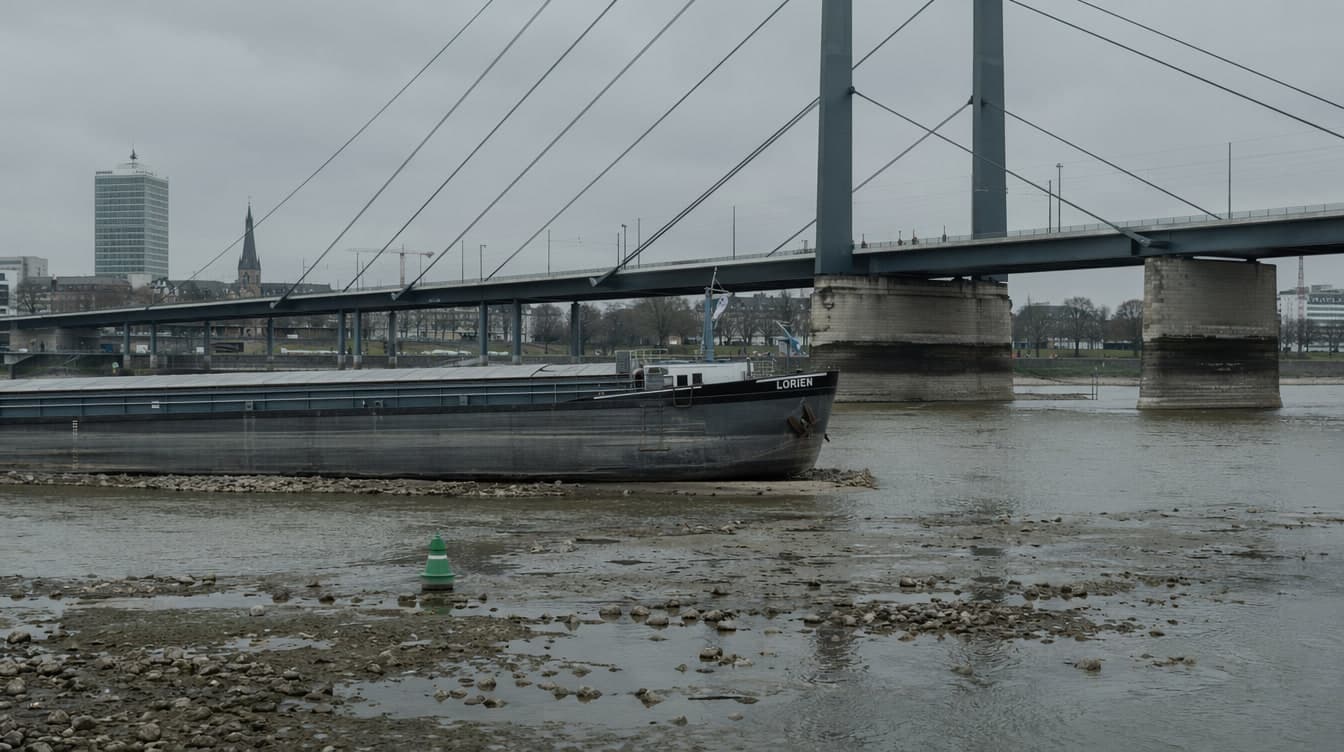 Cargo barge stranded in low water under bridge